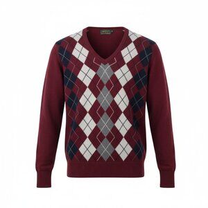 Vintage Homer Reed Argyle Sweater Burgundy Lambswool Size 40 = Medium